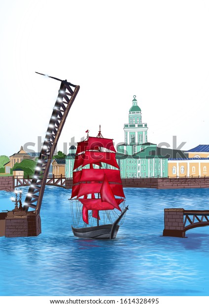 llustration with scarlet sails in St. Petersburg view across the bridge