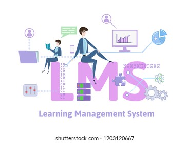 LMS, learning management system. Concept with keywords, letters and icons. Colored flat illustration on white background. Raster version.