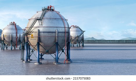 LNG Natural Gas Tank. Liquefied Natural Industrial Spherical Gas Storage Tank. Russia Ukraine War Energy Conflict, Fuel Storage, Gas Supply Crisis. Petrochemical, Petroleum Industry, EU Sanctions, 3D