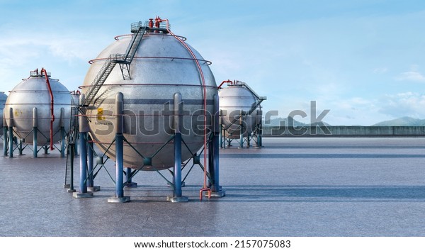 LNG Natural Gas Tank. Liquefied natural industrial\
spherical gas storage tank. Russia Ukraine war energy conflict,\
fuel storage, gas supply crisis. Petrochemical, petroleum industry,\
EU sanctions, 3D