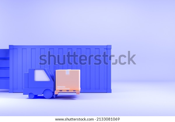 Loader and cardboard box with pallet, side\
view. Cartoon car with cargo. Concept of shipment and business\
logistics. 3D\
rendering