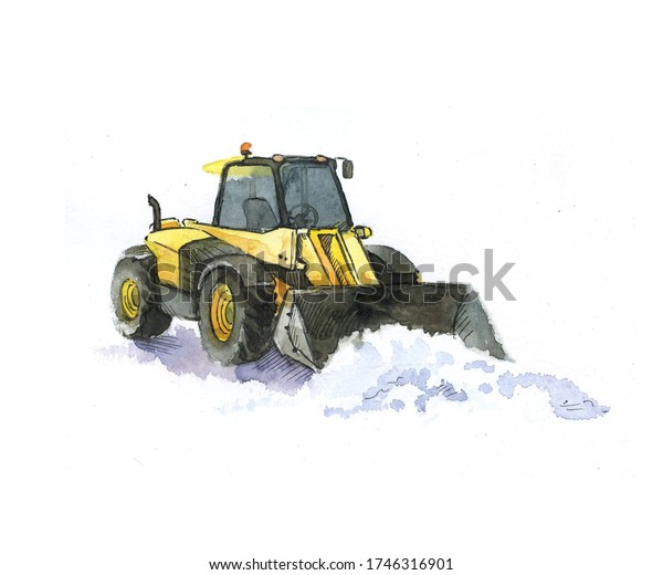 Loader cleans\
snow.\
Watercolor hand\
drawing