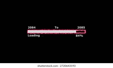 Loading 100 percent complete progress bar digital interface technology modern design white color 4k illustration. New year 2084 to 2085 loading. Neon bright rectangle frame black background.
