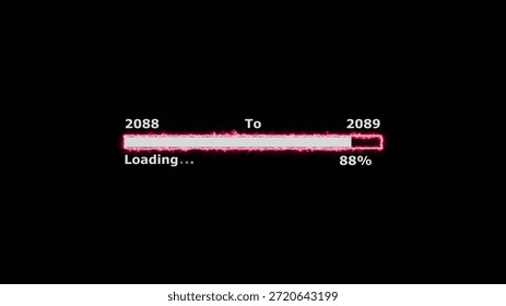 Loading 100 percent complete progress bar digital interface technology modern design white color 4k illustration. New year 2088 to 2089 loading. Neon bright rectangle frame black background.