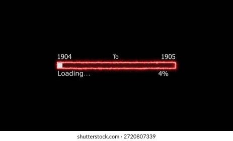 Loading 100 percent complete progress bar digital interface technology modern design white color 4k illustration. New year 1904 to 1905 loading. Neon bright rectangle frame black background.