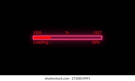 Loading 100 percent complete progress bar digital interface technology modern design white color 4k illustration. New year 1926 to 1927 loading. Neon bright rectangle frame black background.