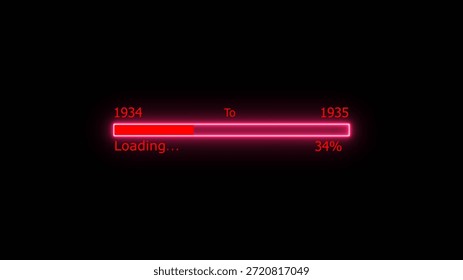 Loading 100 percent complete progress bar digital interface technology modern design white color 4k illustration. New year 1934 to 1935 loading. Neon bright rectangle frame black background.