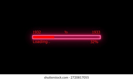 Loading 100 percent complete progress bar digital interface technology modern design white color 4k illustration. New year 1932 to 1933 loading. Neon bright rectangle frame black background.