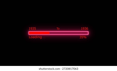 Loading 100 percent complete progress bar digital interface technology modern design white color 4k illustration. New year 1935 to 1936 loading. Neon bright rectangle frame black background.