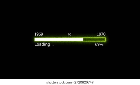 Loading 100 percent complete progress bar digital interface technology modern design white color 4k illustration. New year 1969 to 1970 loading. Neon bright rectangle frame black background.