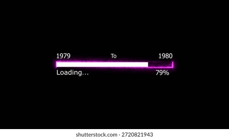 Loading 100 percent complete progress bar digital interface technology modern design white color 4k illustration. New year 1979 to 1980 loading. Neon bright rectangle frame black background.