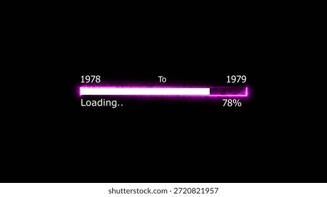 Loading 100 percent complete progress bar digital interface technology modern design white color 4k illustration. New year 1978 to 1979 loading. Neon bright rectangle frame black background.