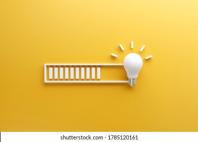 Loading bar almost complete with idea beeing processed on a light bulb on yellow background. 3d render.