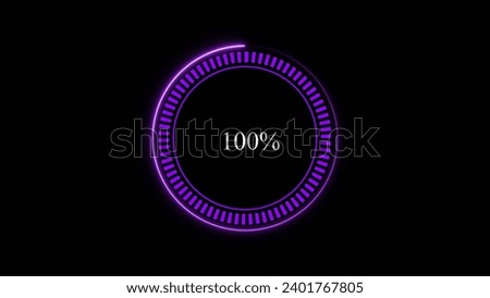 Loading circle purple rotation 100%. Black background 4k  Illustration. 