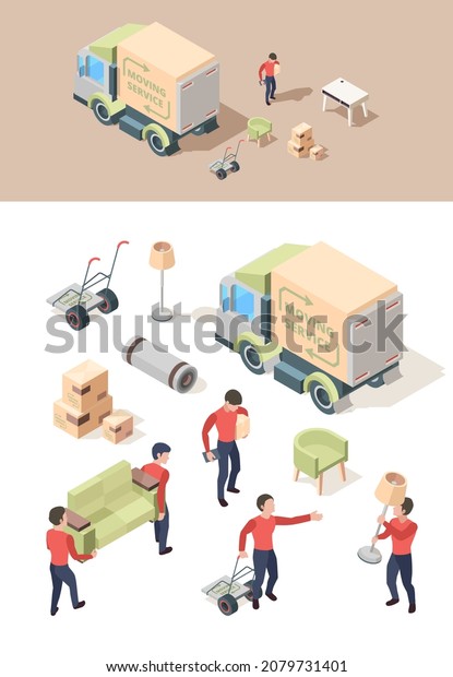 Loading furniture.\
Transporting vehicle move out furniture in new house lifting boxes\
people working\
isometric
