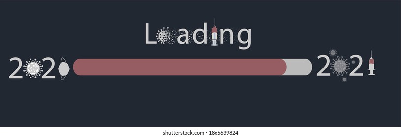 Loading New Year From 2020 With Covid 19  And Masks To 2021 Without Coronavirus . Finding Vaccine. Happy New Year 2021 Without Pandemic  Illustration 