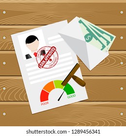 Loan approved customer document. Good credit history and approved stamp. Money banknote on envelope on wooden table. illustration