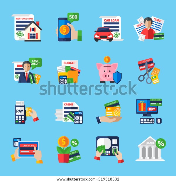Loan debt flat color icons set of\
fast credit proposal budget scheduling mortgage loan  payment\
terminal and scissors cutting credit card isolated  illustration\
