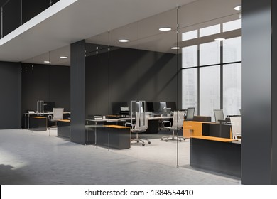 Lobby Of Business Center With Gray Walls And Rows Of Small Offices With Glass Doors And Yellow And Black Tables. 3d Rendering