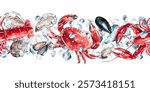 Lobster, mussels, oysters, crab on ice pieces watercolor seamless border. Fresh seafood hand drawn illustration frame isolated on white background for food design, cafe, fish restaurant, grocery store