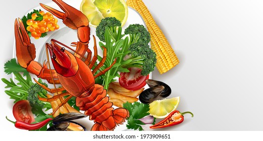 Lobster, mussels and red caviar with vegetables.