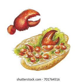 Lobster Roll ,watercolour Illustration On White Background.