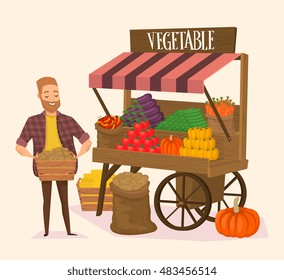 Local farmer shopkeeper. Seller fresh vegetables. Farmers Market concept. Raster illustration. - Powered by Shutterstock