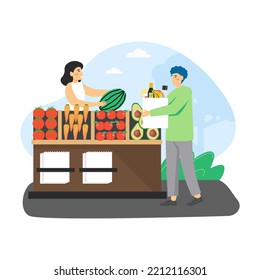 Local Food Market. Man, Ecologist Buying Organic Fruits And Vegetables At Farmers Market, Flat Illustration. Eco Farm Products, Fresh Natural Foods.