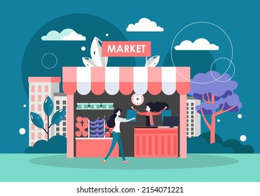 Local market, flat style design illustration. Seller or farmer female character selling natural organic fruit and vegetables to shopper young woman. Healthy fresh organic food. - Powered by Shutterstock