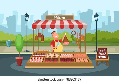 Local market place with fresh foods. illustrations in cartoon style. Butcher shop, store street with assortment meat - Powered by Shutterstock