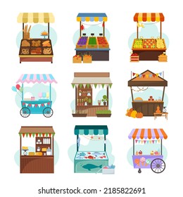 Local markets with different food flat illustrations set. Fruit and vegetable marketplace. Kiosks with milk products. Ice cream cart, bakery. Seafood and grocery counters isolated on white background - Powered by Shutterstock