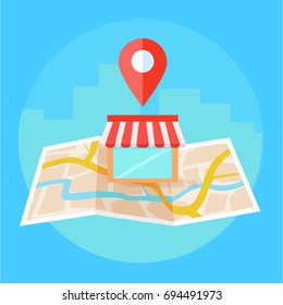 Local Seo Banner, Map And Shop In Realistic View.  Flat Illustration