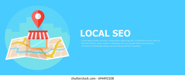 Local Seo Banner, Map And Shop In Realistic View.  Flat Illustration