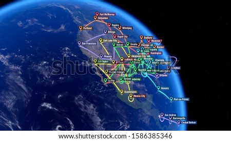 Localization, GPS Navigation, Traveling, Pathfinding over the North America. Global Positioning System. City Names and Locations in North America. 3D Illustration.