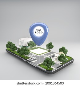 Location Pin Icon On Mobile Phone City Urban Map Indicating The Location And Direction.3d Rendering