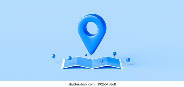 Locator Mark Of Map And Location Pin Or Navigation Icon Sign On Blue Background With Search Concept. 3D Rendering.
