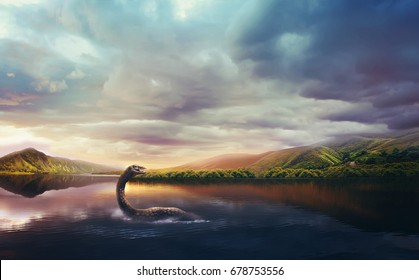 Loch Ness Monster In The Lake At Sunset