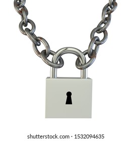 The lock connected two metal chains. White isolated background. 3D illustration