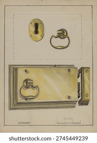 Lock Handle and Key Plate (c 1936) by Jack Staloff. Vintage watercolor illustration, artwork.