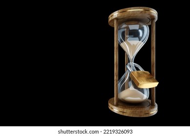 Lock Hangs On The Classic Hourglass. Prison Concept, Life Sentence, Time Stolen. 3D Illustration, 3D Rendering