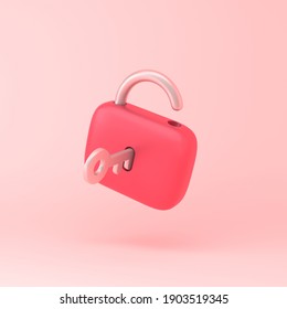 Lock icon with key simple 3d illustration on pastel abstract background. minimal concept. 3d rendering