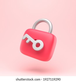 Lock icon with key simple 3d illustration on pastel abstract background. minimal concept. 3d rendering