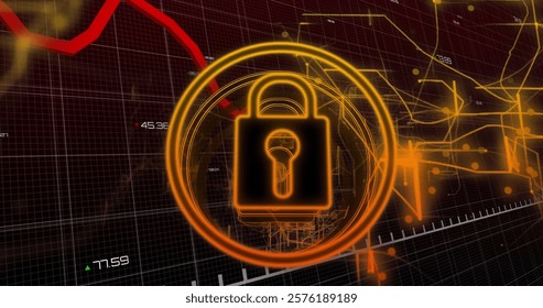 Lock and key security image over financial data and graphs. protection, finance, cybersecurity, technology, encryption, privacy