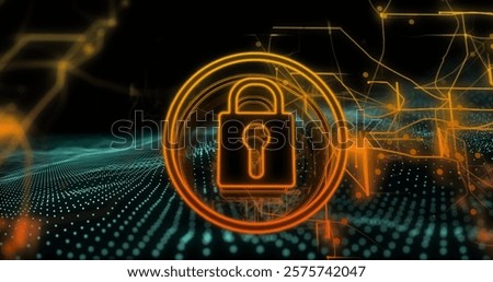 Lock and key symbol image over digital network and data points. Cybersecurity, encryption, technology, protection, secure, internet