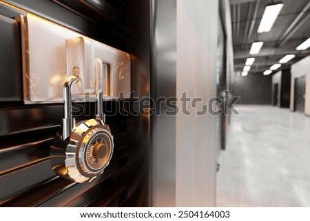 Lock on gate in storage unit. Closed warehouse room. Combination padlock on roller doors. Corridor with closed storage units. Warehouses for long-term safekeeping. Storage space. 3d image