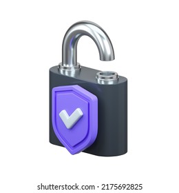 Lock With Secure Shield 3d Rendering Icon. Isolated On White.