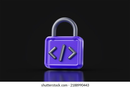 Lock Sign With Html Code On Dark Background 3d Render Concept For Encrypted Programming Extension