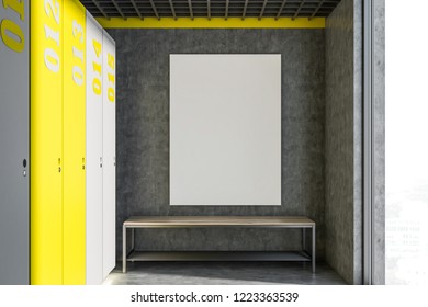 Locker Room Interior With Loft Window, Concrete Walls, Gray And Yellow Lockers And Vertical Mock Up Poster Hanging Above A Bench. 3d Rendering