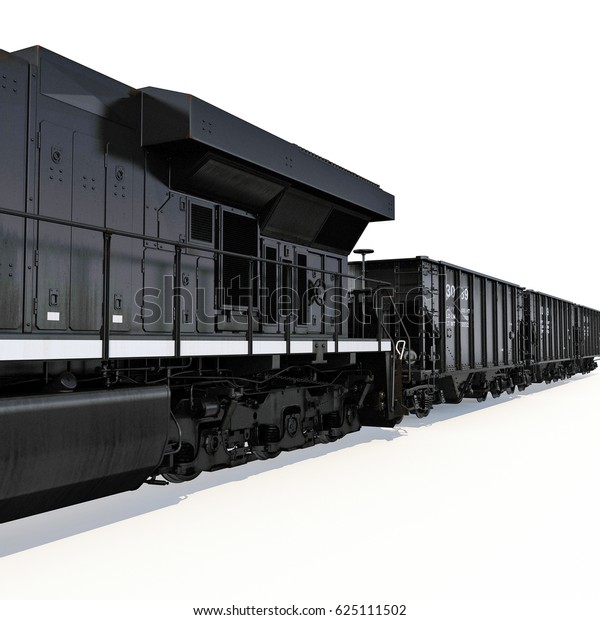 Locomotive\
and freight wagon on white. 3D\
illustration