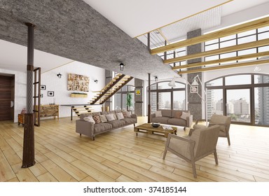 Loft Apartment Interior, Living Room, Staircase 3d Rendering